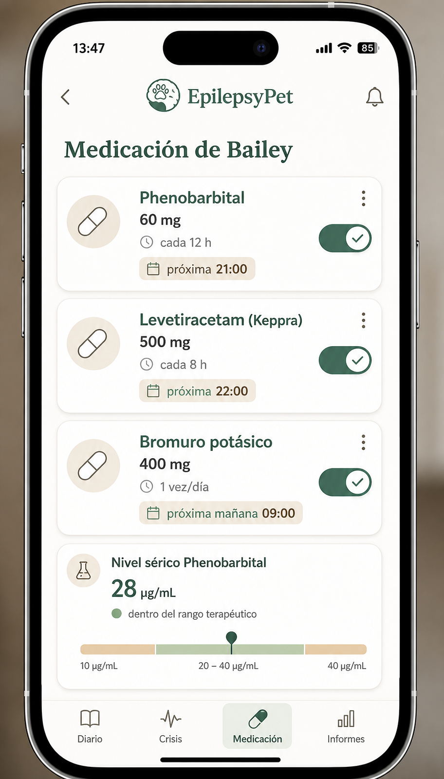 Pantalla de medicación con Phenobarbital, Keppra y Bromuro